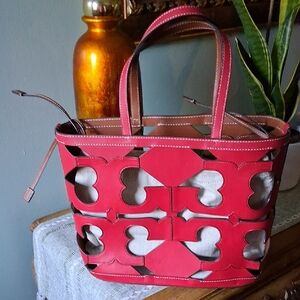 Tory Burch Red Cutout Leather Tote with Canvas Liner